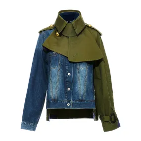 Hit Color Patchwork Denim Jackets For Women Turtleneck Long Sleeve Pathchwork Single Breasted Loose Jacket Female