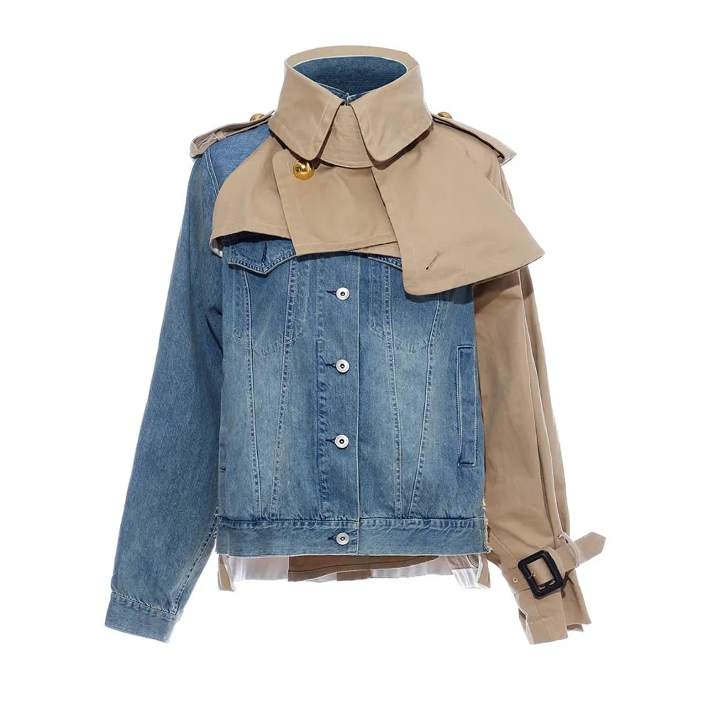 Hit Color Patchwork Denim Jackets For Women Turtleneck Long Sleeve Pathchwork Single Breasted Loose Jacket Female