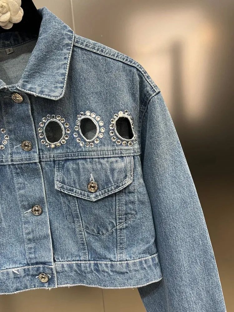 Hollow Out Denim Jackets For Women Lapel Long Sleeve Spliced Diamonds Slimming Short Jacket Female Fashion Clothing