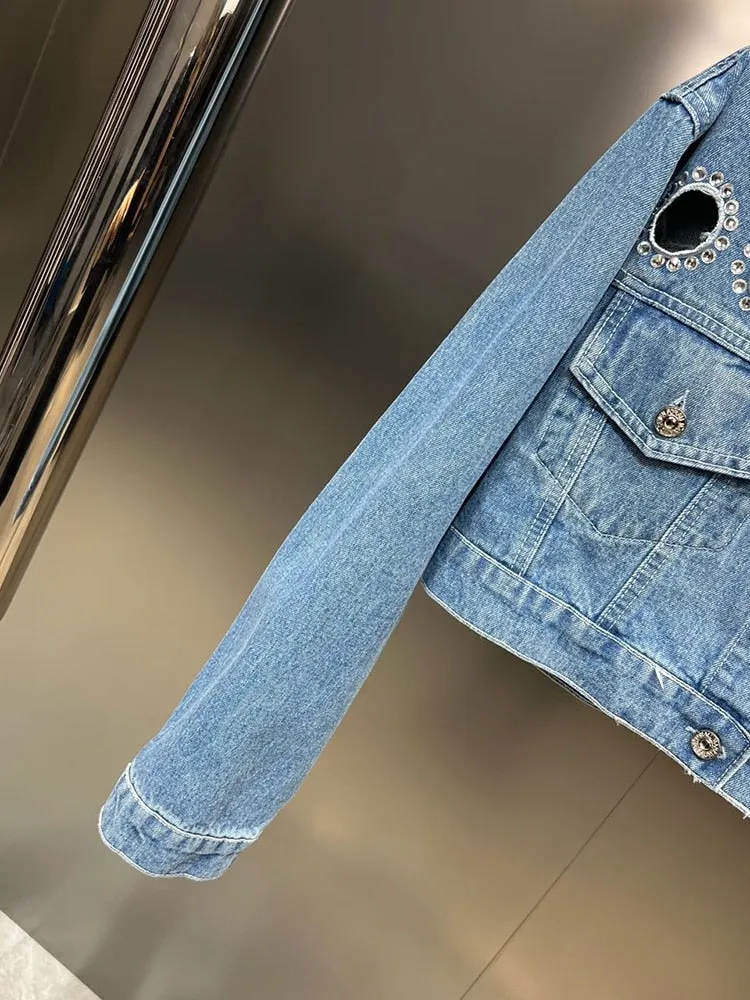 Hollow Out Denim Jackets For Women Lapel Long Sleeve Spliced Diamonds Slimming Short Jacket Female Fashion Clothing