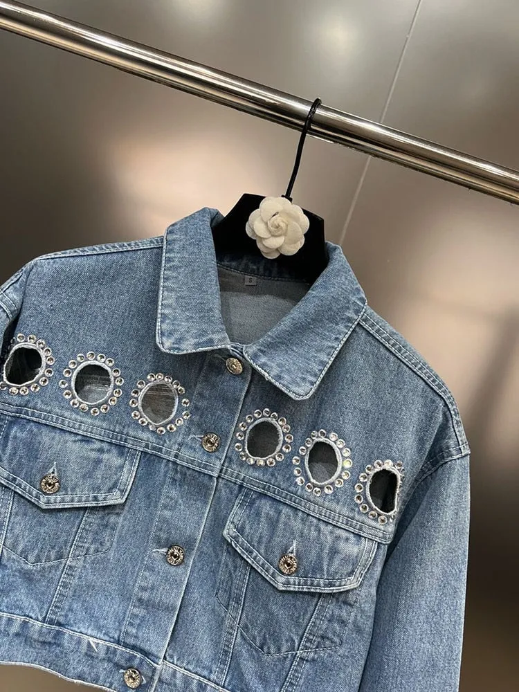 Hollow Out Denim Jackets For Women Lapel Long Sleeve Spliced Diamonds Slimming Short Jacket Female Fashion Clothing