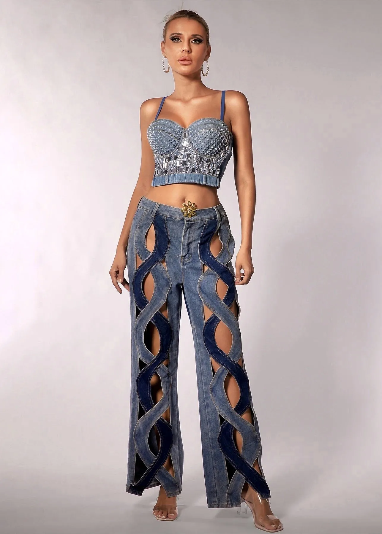 Hollow-Out Straight Denim Pants