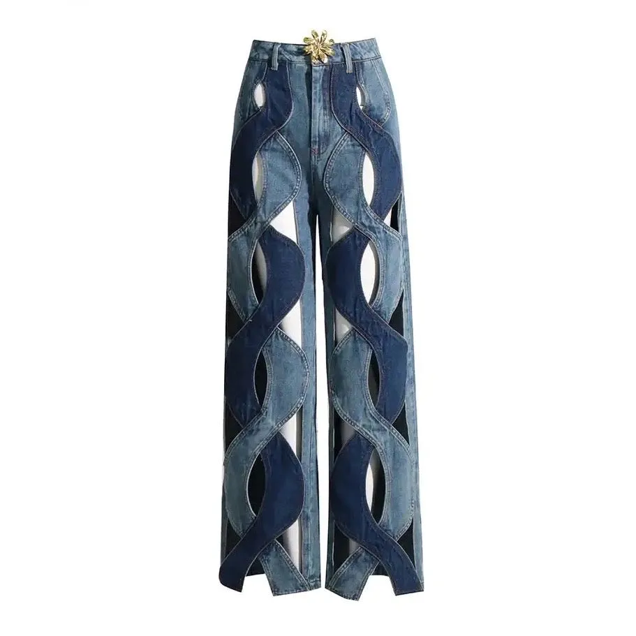 Hollow-Out Straight Denim Pants