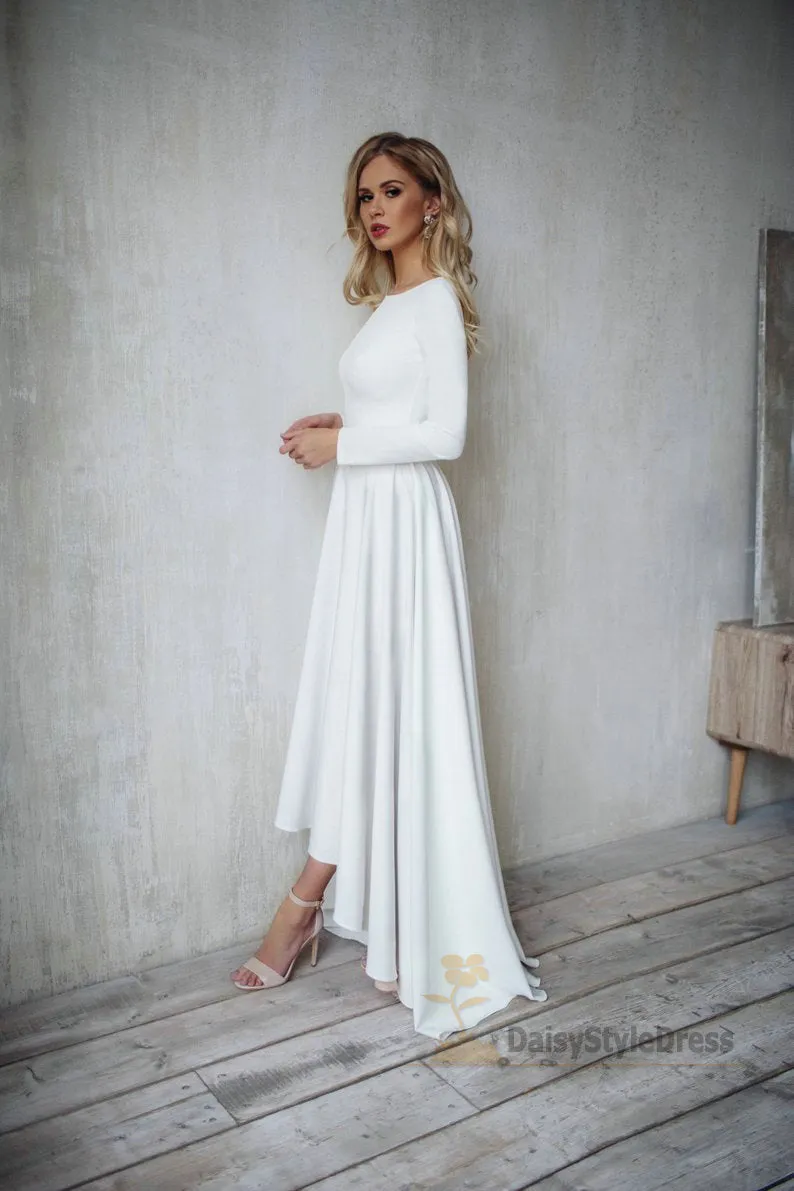 Informal Long Sleeve High Low V-back Boho Wedding Dress