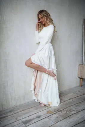 Informal Long Sleeve High Low V-back Boho Wedding Dress