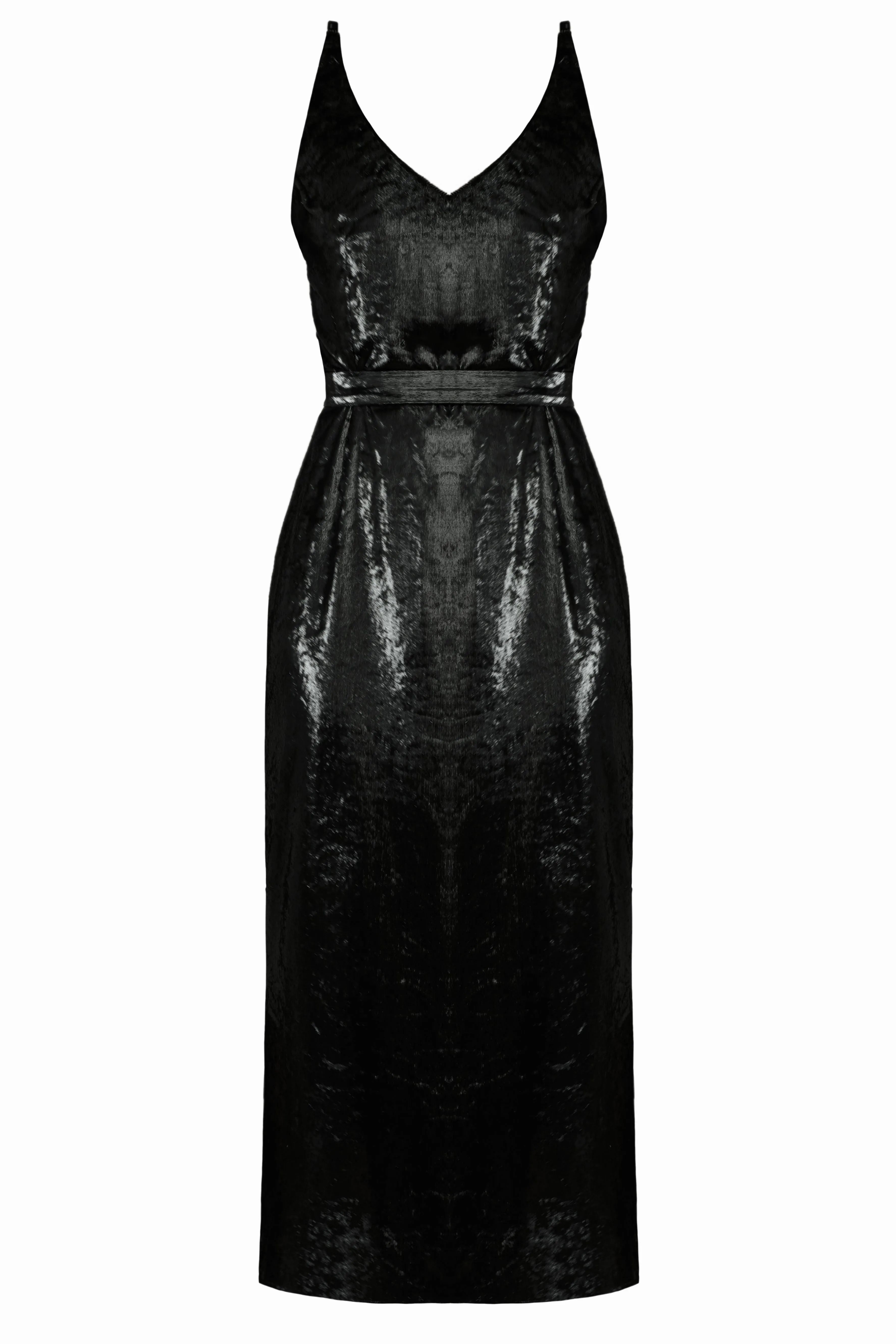 ISLA shiny black velvet midi dress