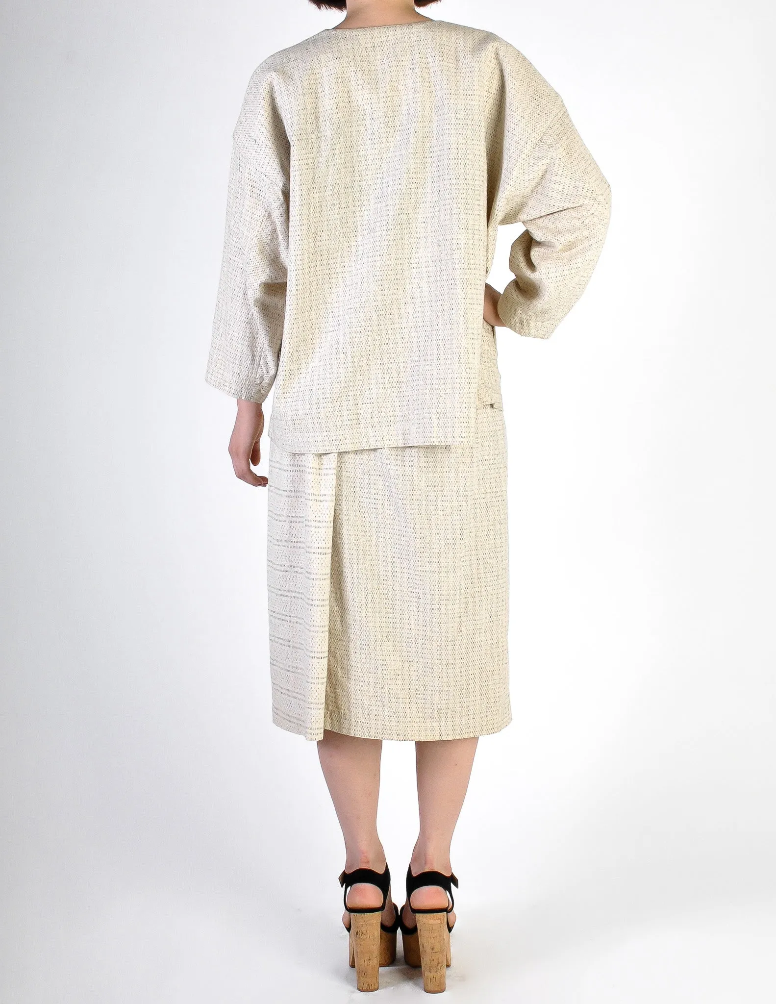 Issey Miyake Vintage Natural Cream & Black Fleck Woven Jacket & Skirt Ensemble