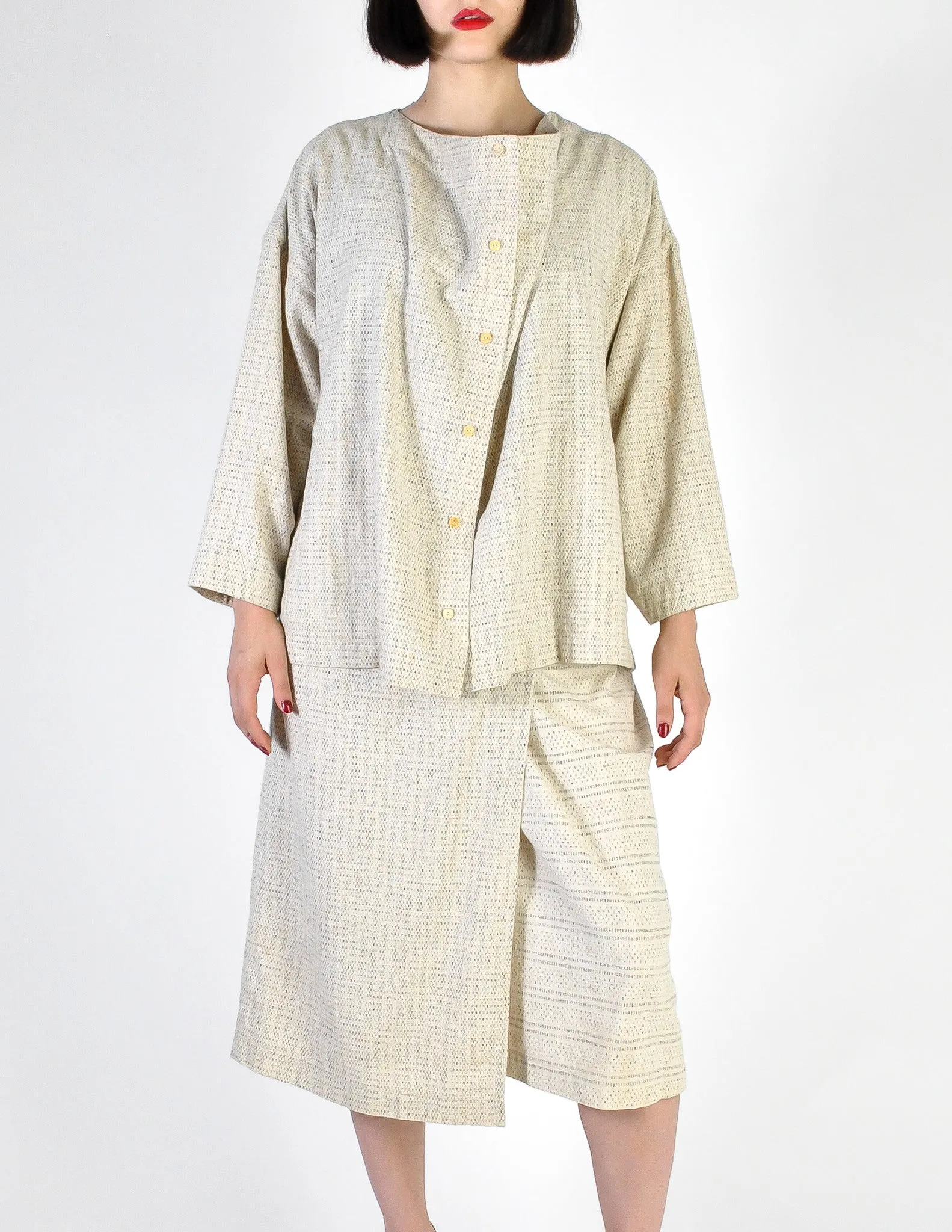 Issey Miyake Vintage Natural Cream & Black Fleck Woven Jacket & Skirt Ensemble