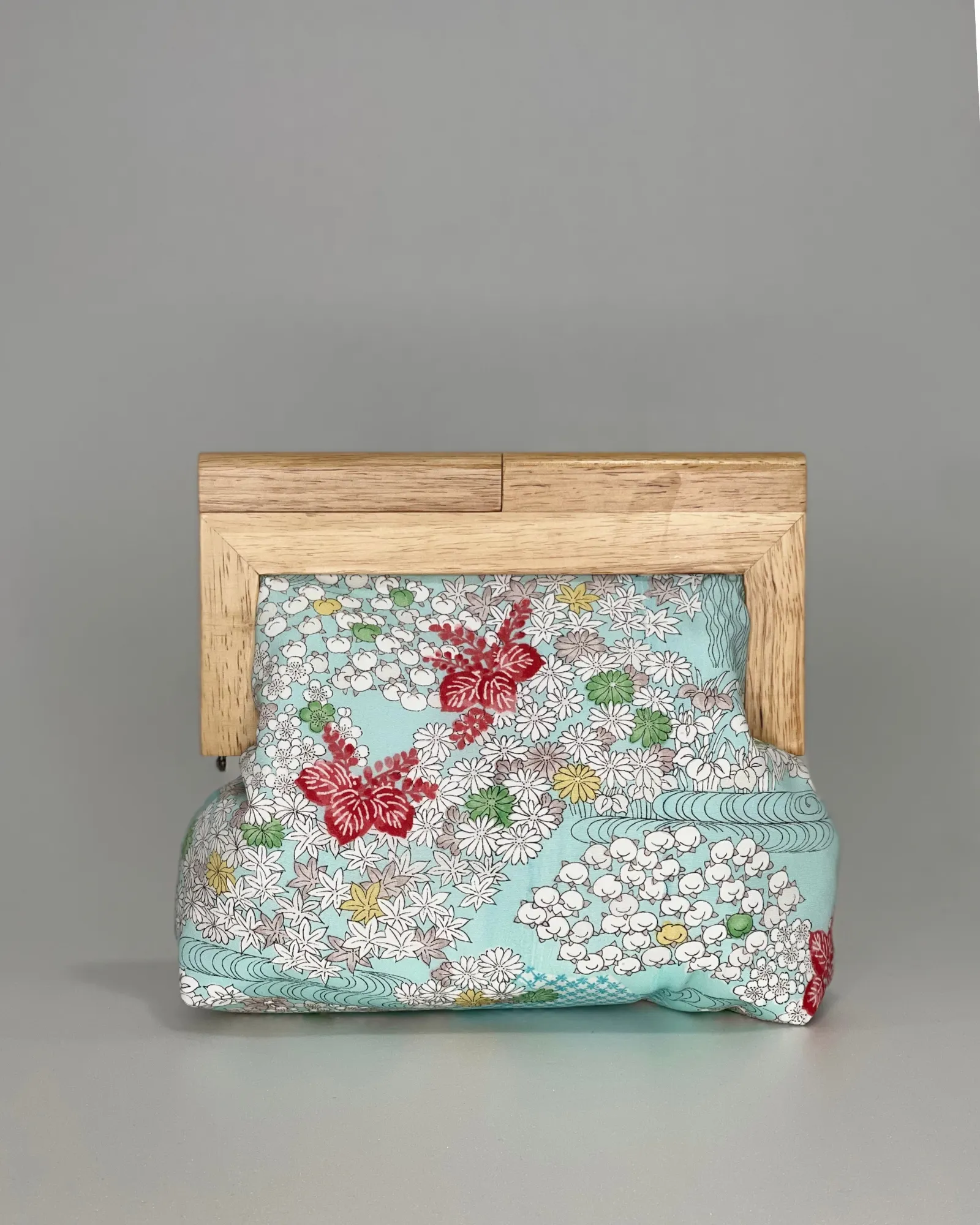 Japanese Flowers in Turquoise (Medium) Natural Frame - "Evelyn Clutch"