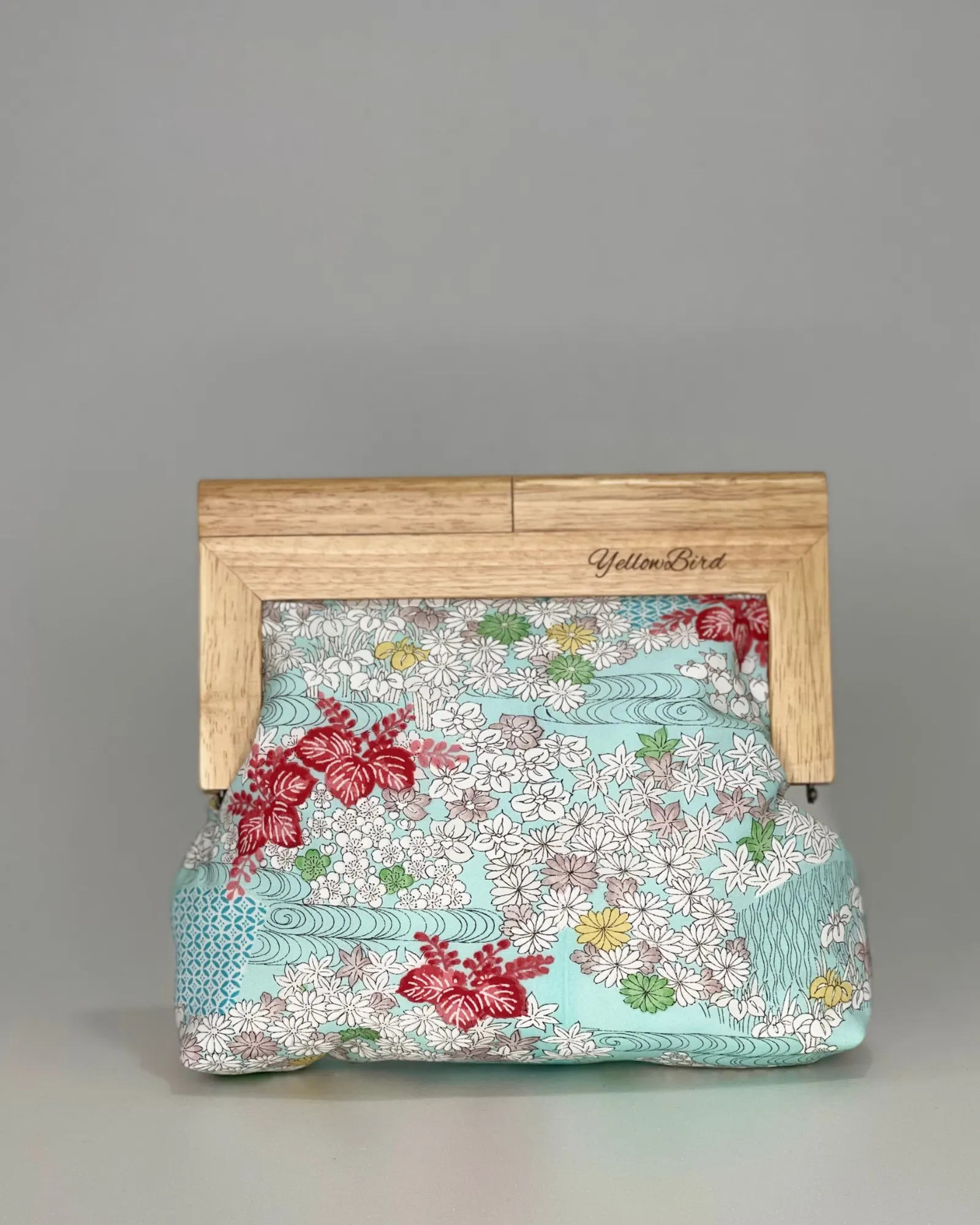 Japanese Flowers in Turquoise (Medium) Natural Frame - "Evelyn Clutch"