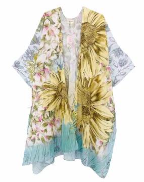 JC070962 High-Quality Chiffon Aqua-Yellow Sunflower Kimono