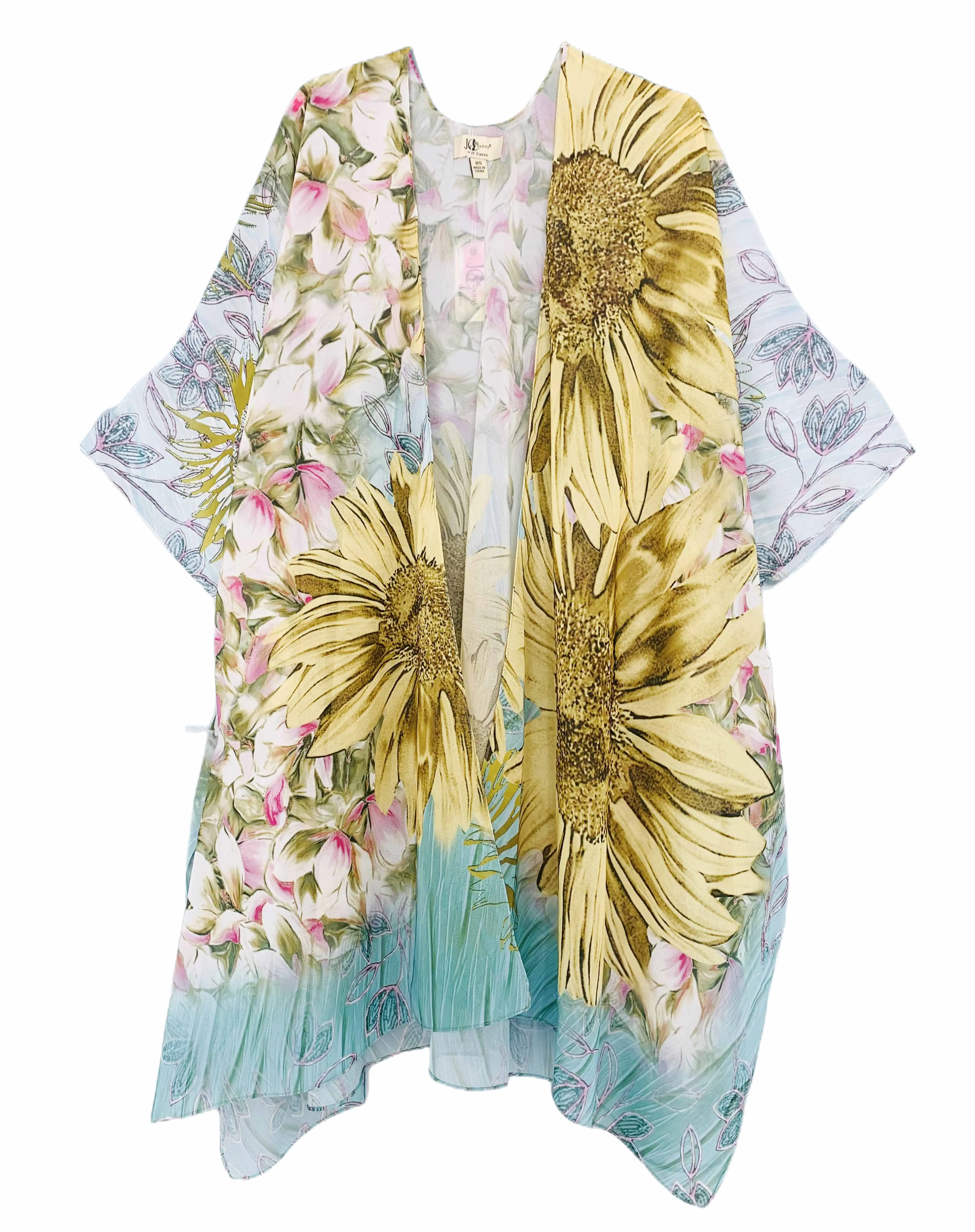 JC070962 High-Quality Chiffon Aqua-Yellow Sunflower Kimono