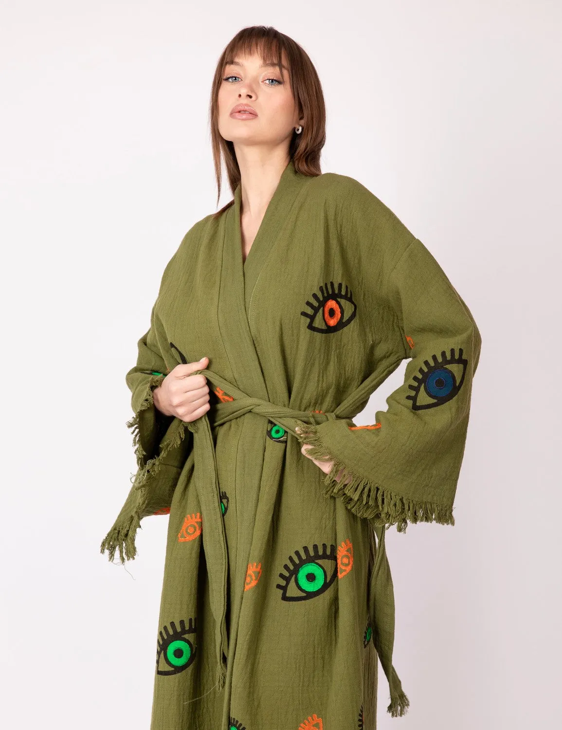 Khaki Multi Evil Eye Kimono Robe