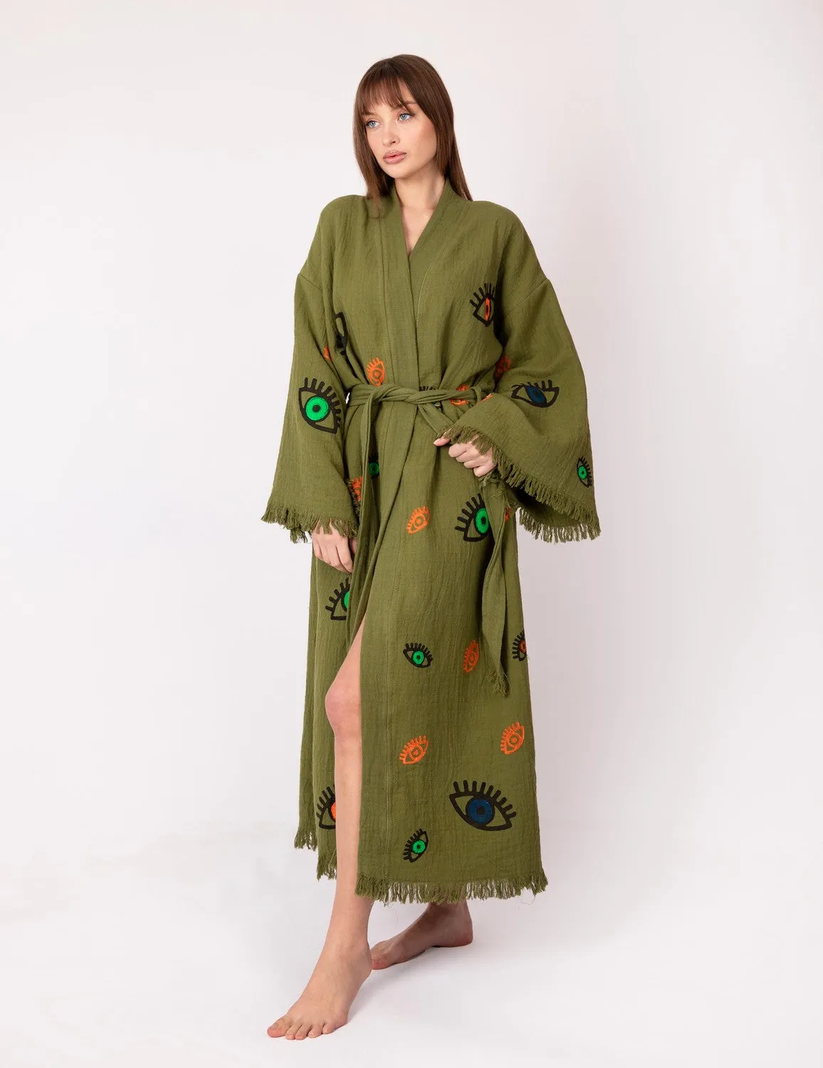 Khaki Multi Evil Eye Kimono Robe