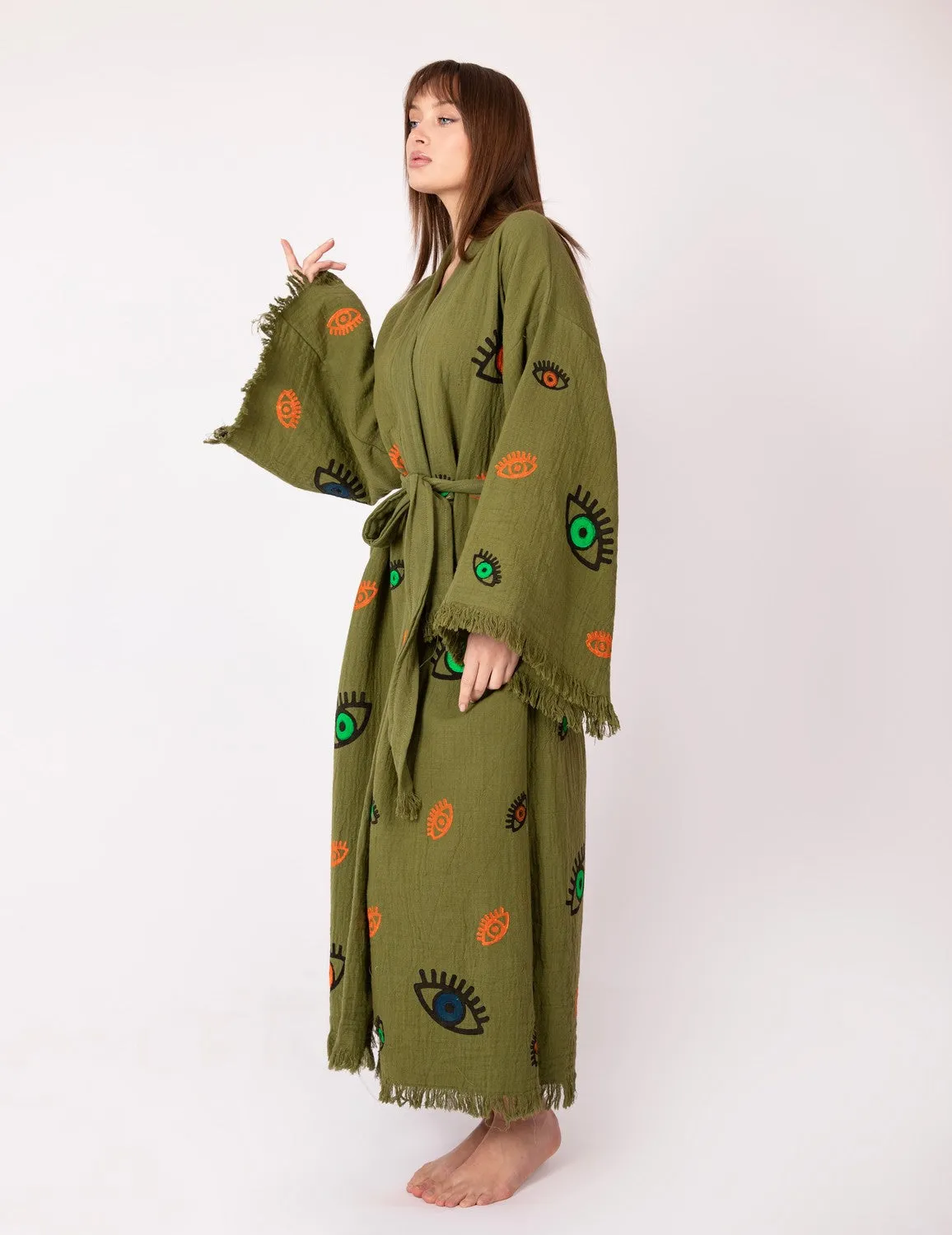 Khaki Multi Evil Eye Kimono Robe