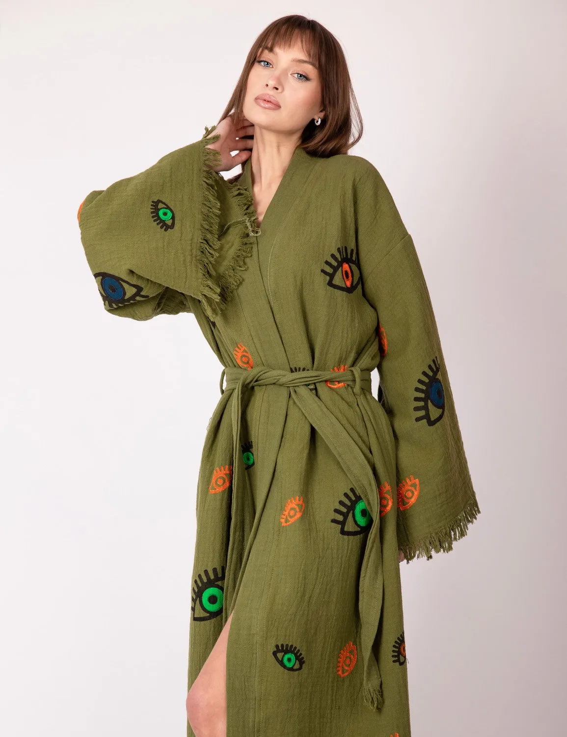 Khaki Multi Evil Eye Kimono Robe