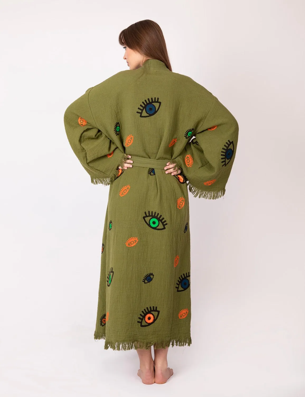 Khaki Multi Evil Eye Kimono Robe