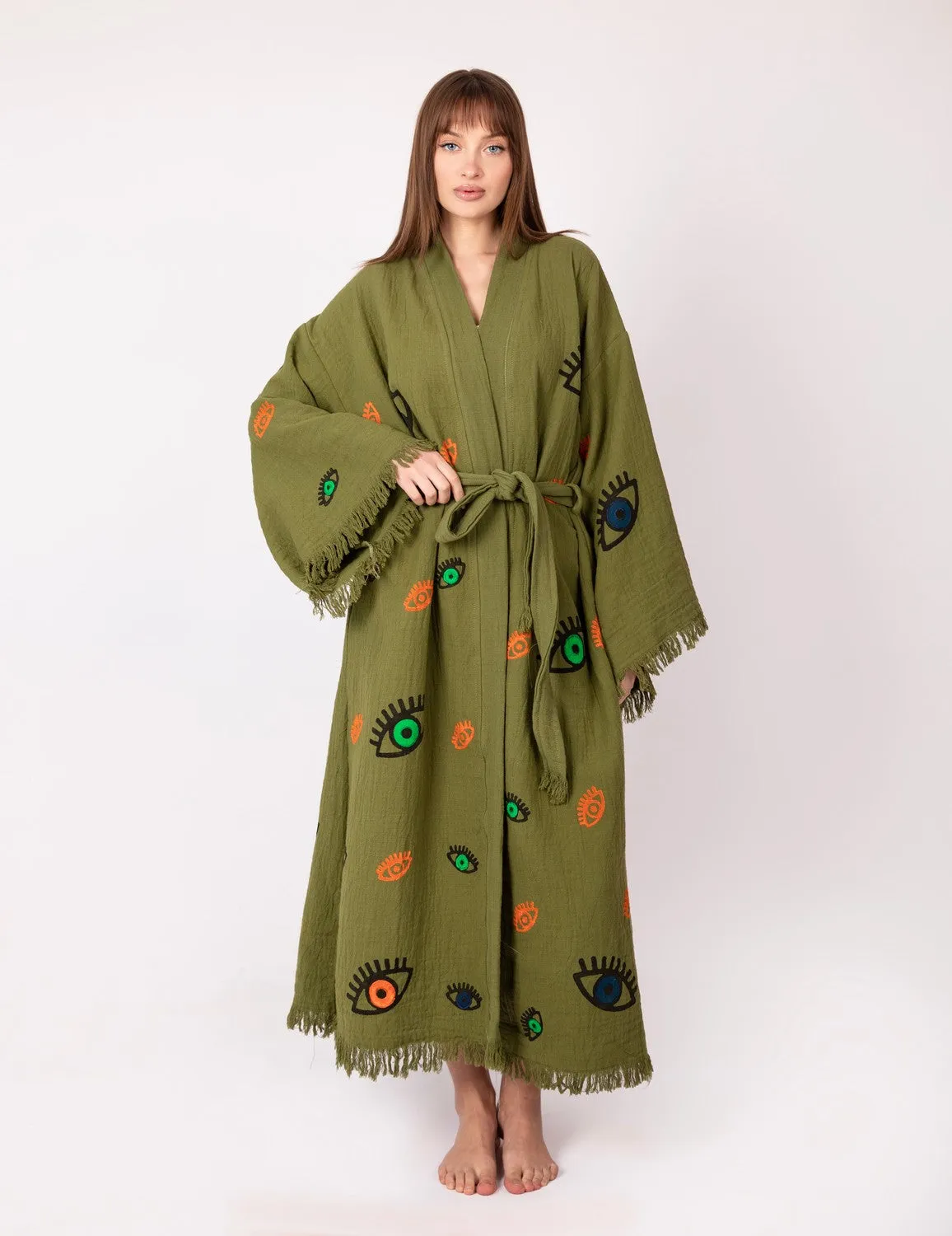 Khaki Multi Evil Eye Kimono Robe