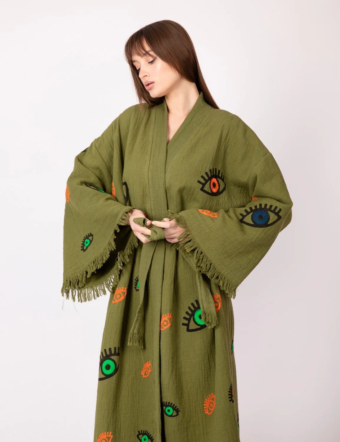 Khaki Multi Evil Eye Kimono Robe