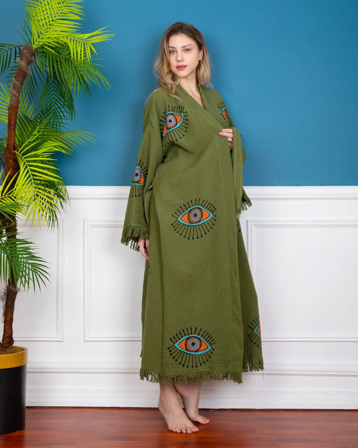 Khaki - Orange Evil Eye Kimono Robe