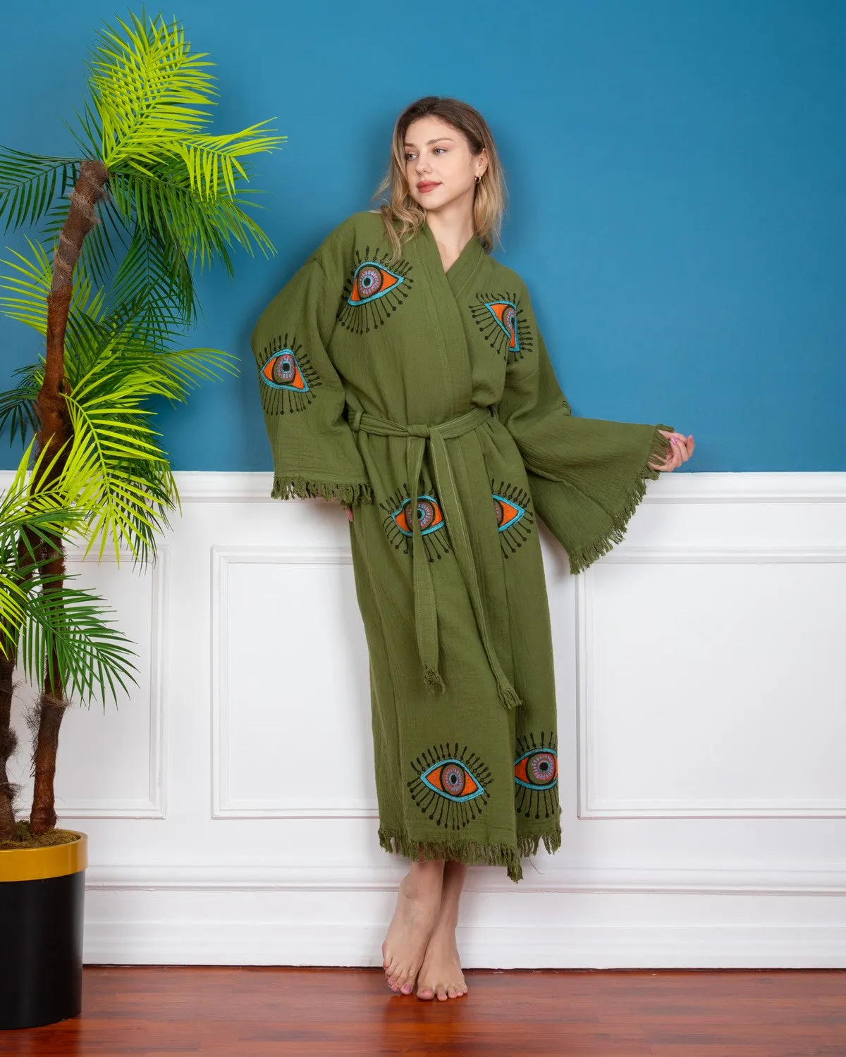 Khaki - Orange Evil Eye Kimono Robe