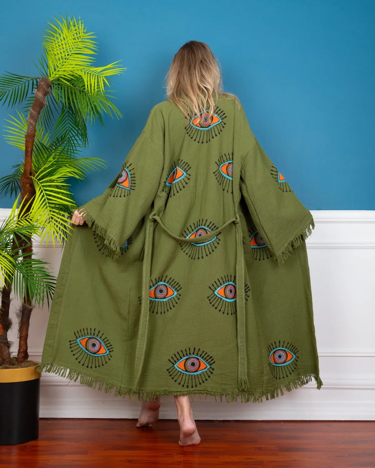 Khaki - Orange Evil Eye Kimono Robe