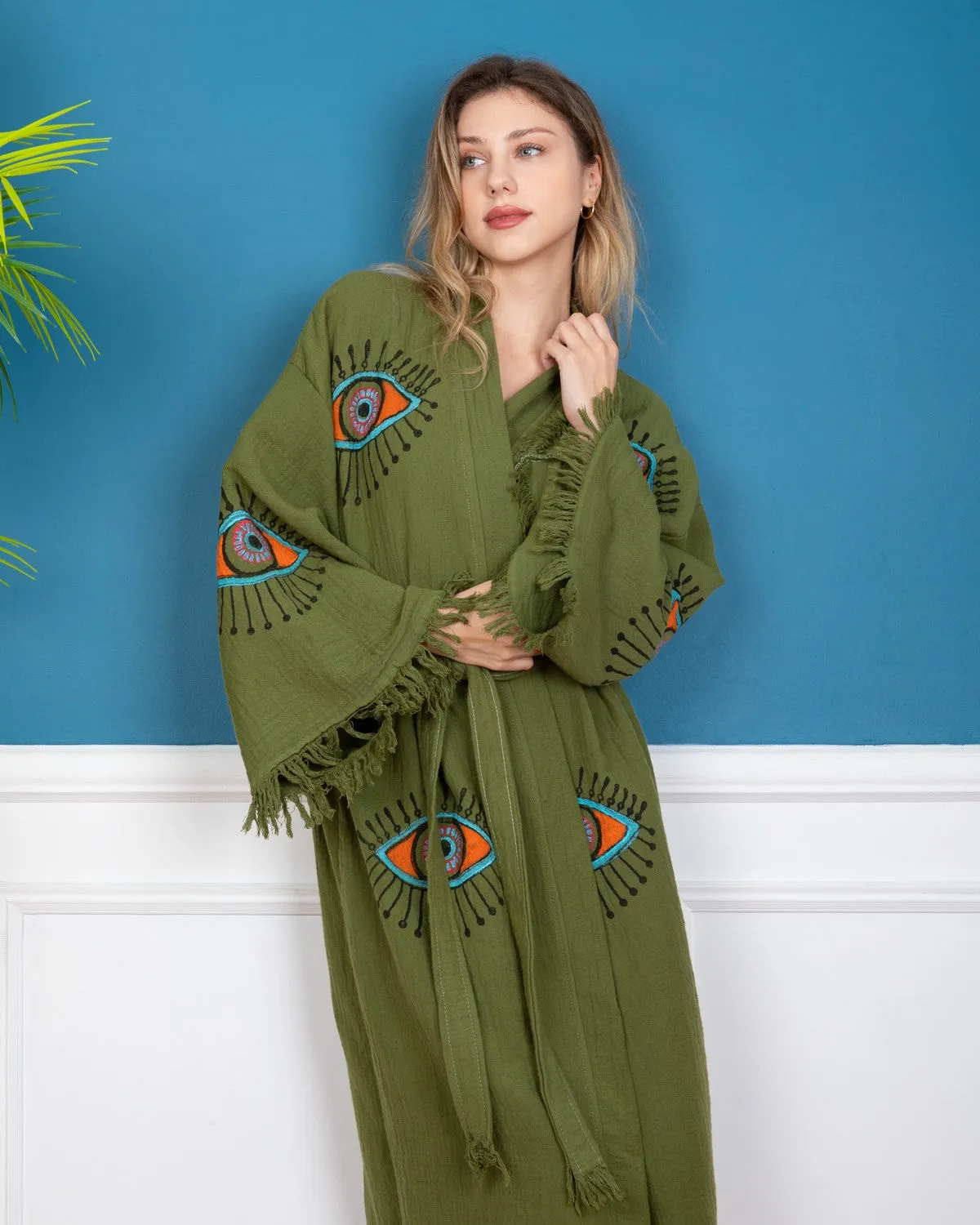 Khaki - Orange Evil Eye Kimono Robe