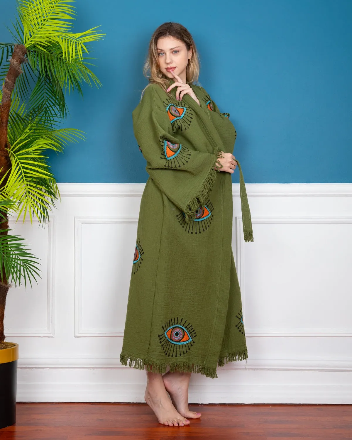 Khaki - Orange Evil Eye Kimono Robe