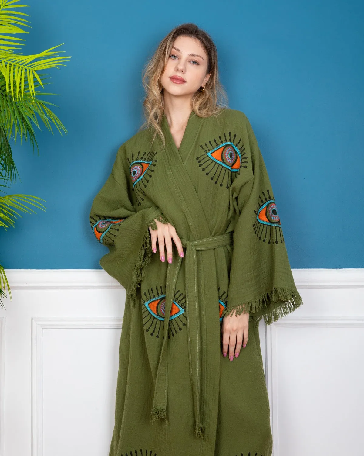 Khaki - Orange Evil Eye Kimono Robe