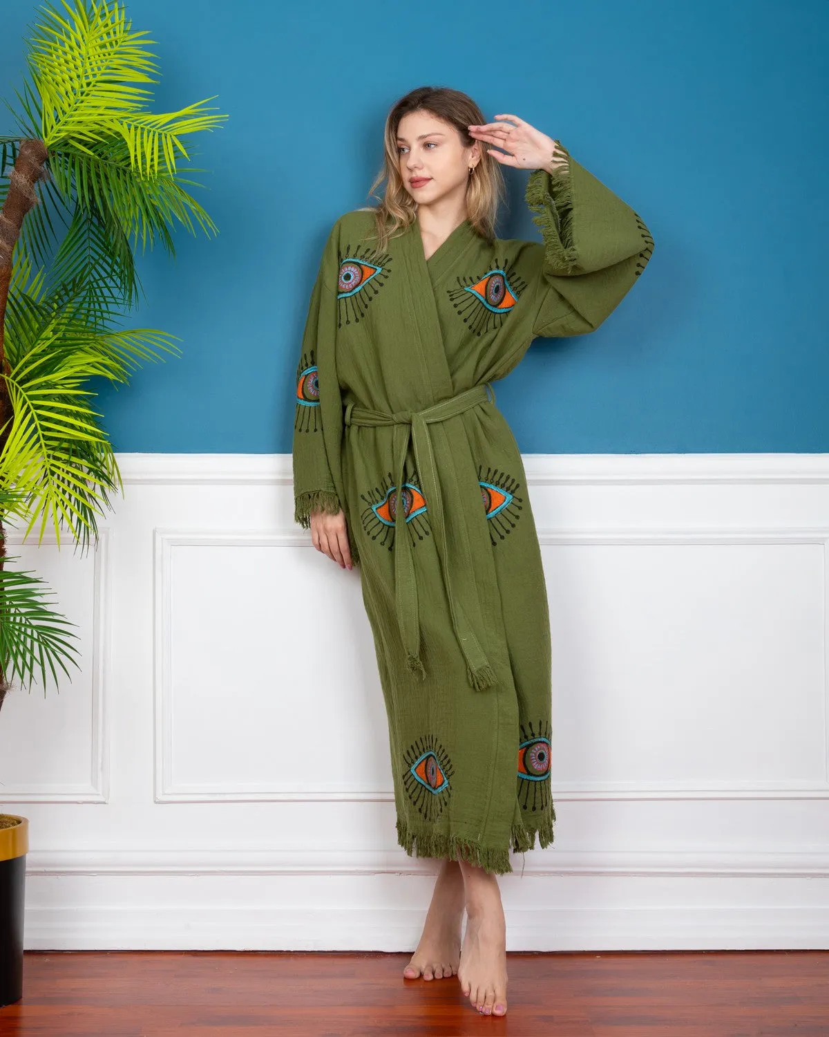 Khaki - Orange Evil Eye Kimono Robe