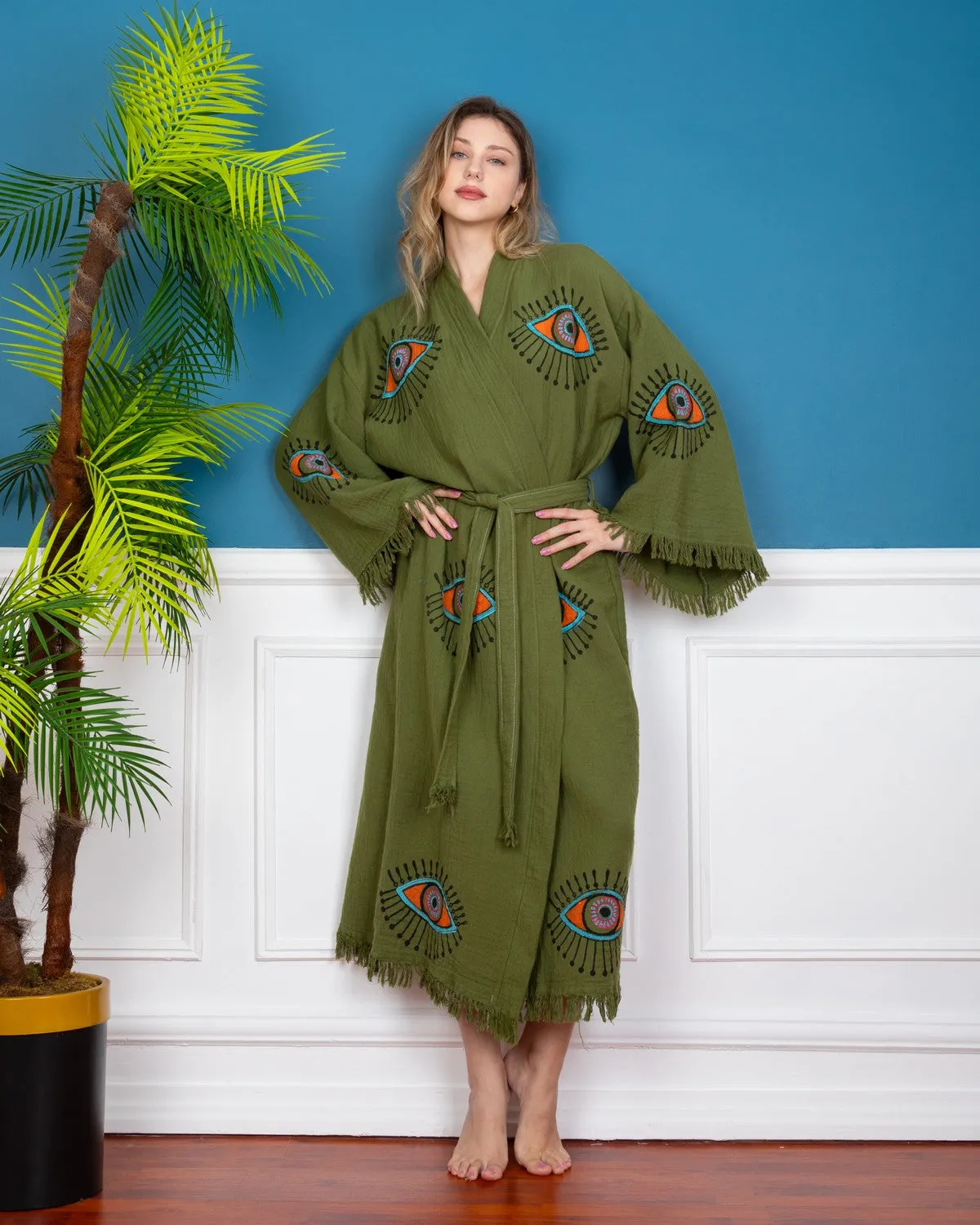 Khaki - Orange Evil Eye Kimono Robe