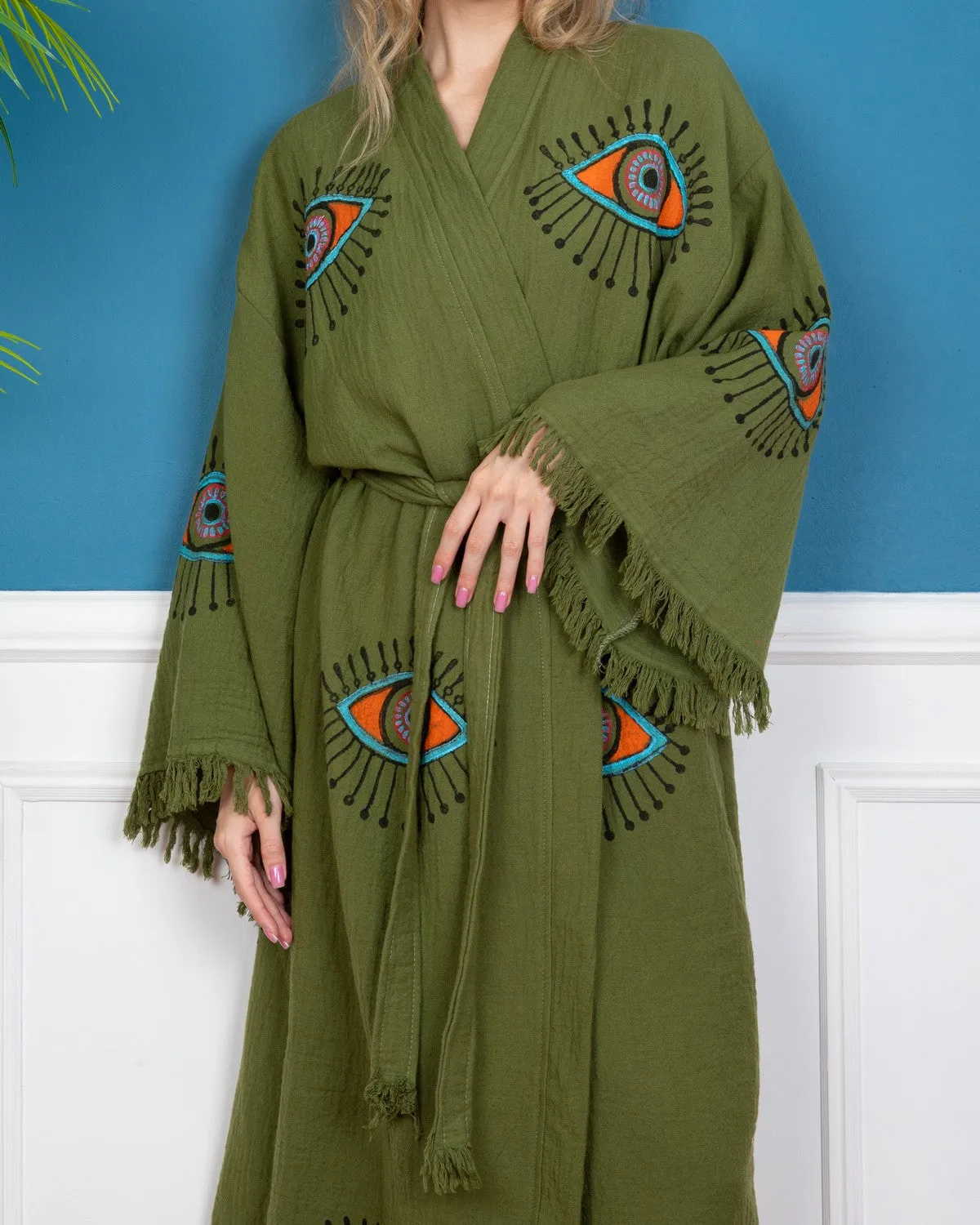 Khaki - Orange Evil Eye Kimono Robe