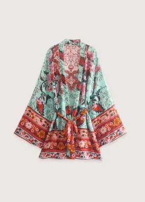 Kimono court floral bleu et rose