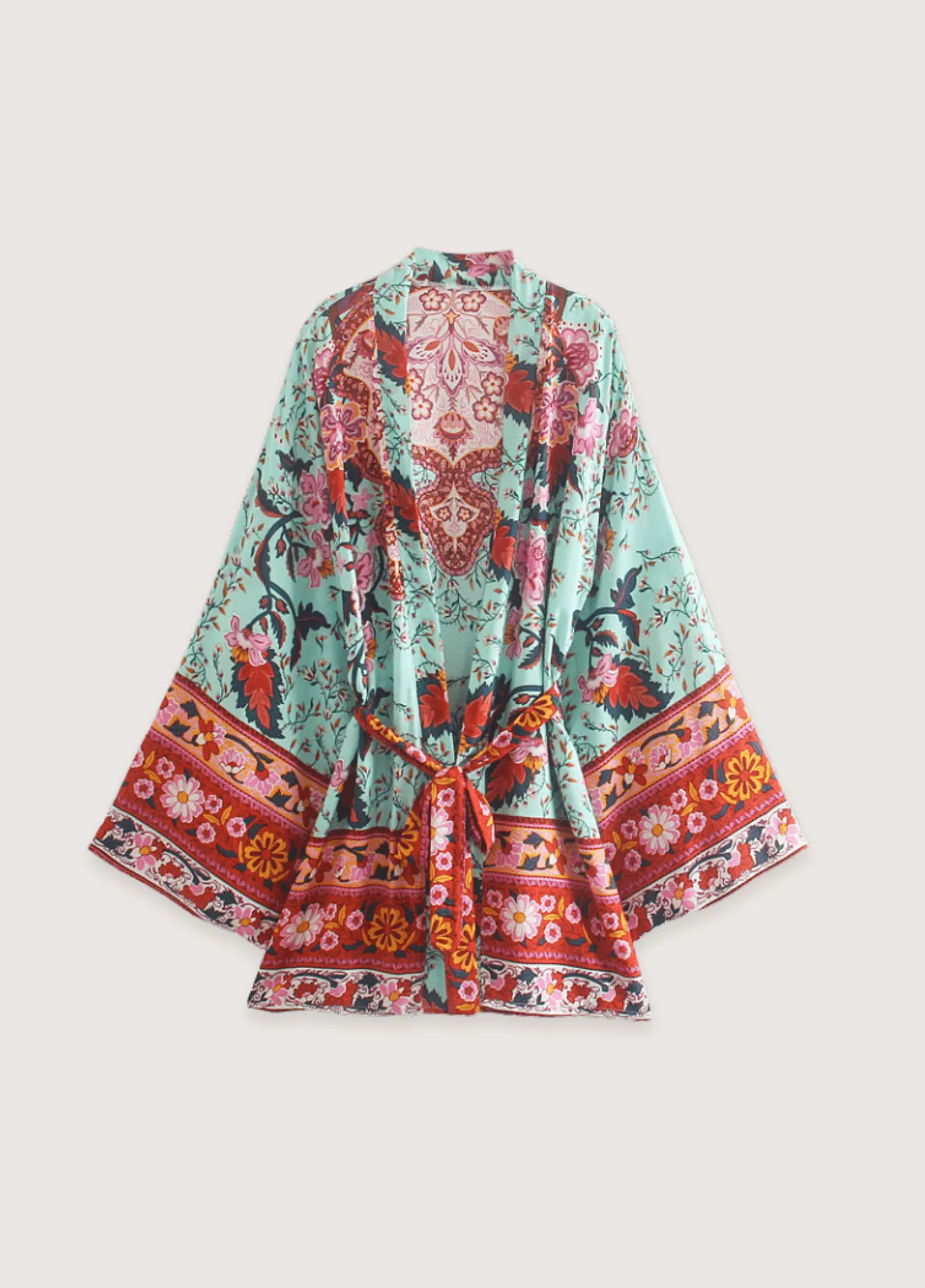 Kimono court floral bleu et rose