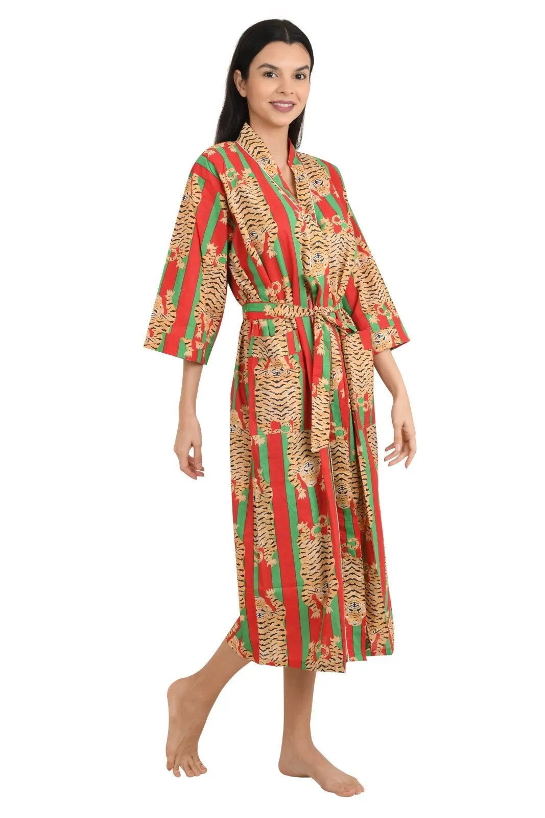 Kimono House Robe Indian Handprinted Strips Cheetah Print Pattern | Lightweight Summer Luxury Beach Holidays Yacht Cover Up Stunning Dress