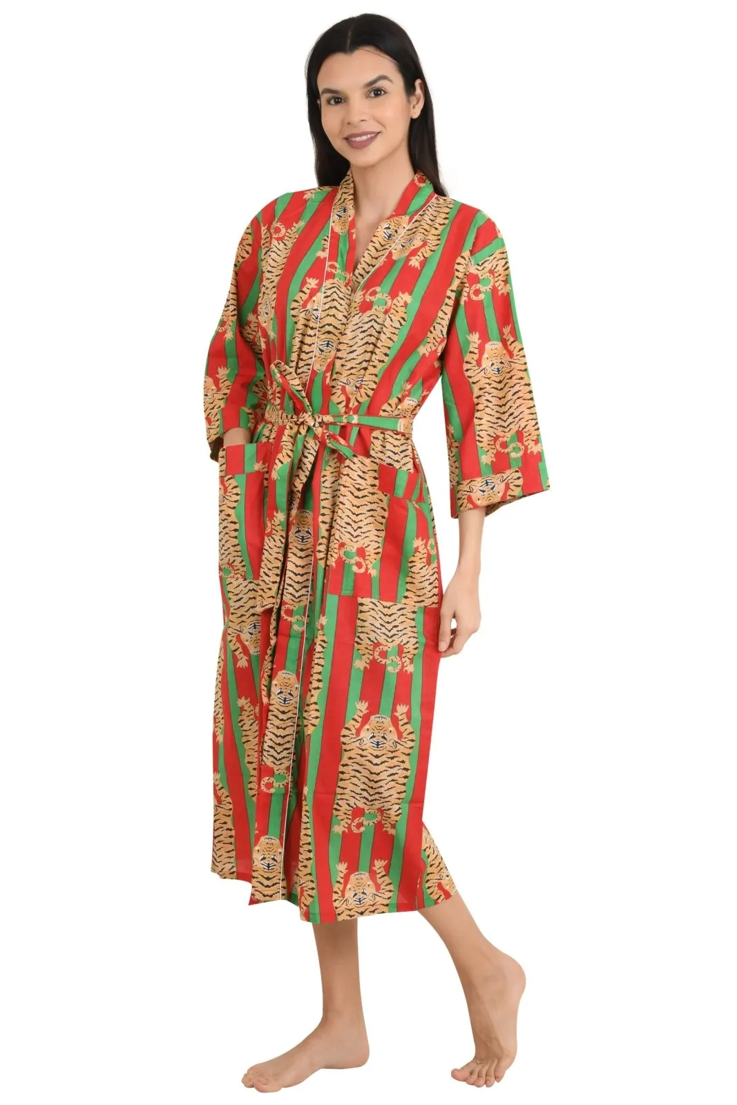 Kimono House Robe Indian Handprinted Strips Cheetah Print Pattern | Lightweight Summer Luxury Beach Holidays Yacht Cover Up Stunning Dress