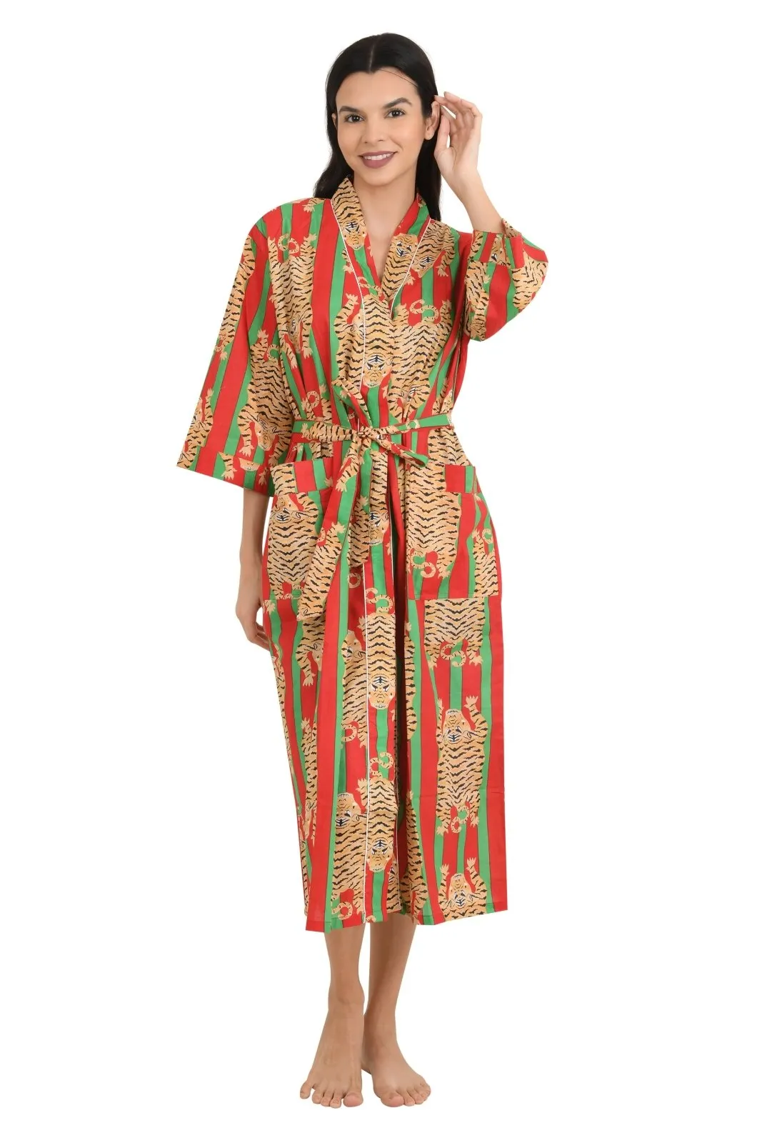 Kimono House Robe Indian Handprinted Strips Cheetah Print Pattern | Lightweight Summer Luxury Beach Holidays Yacht Cover Up Stunning Dress