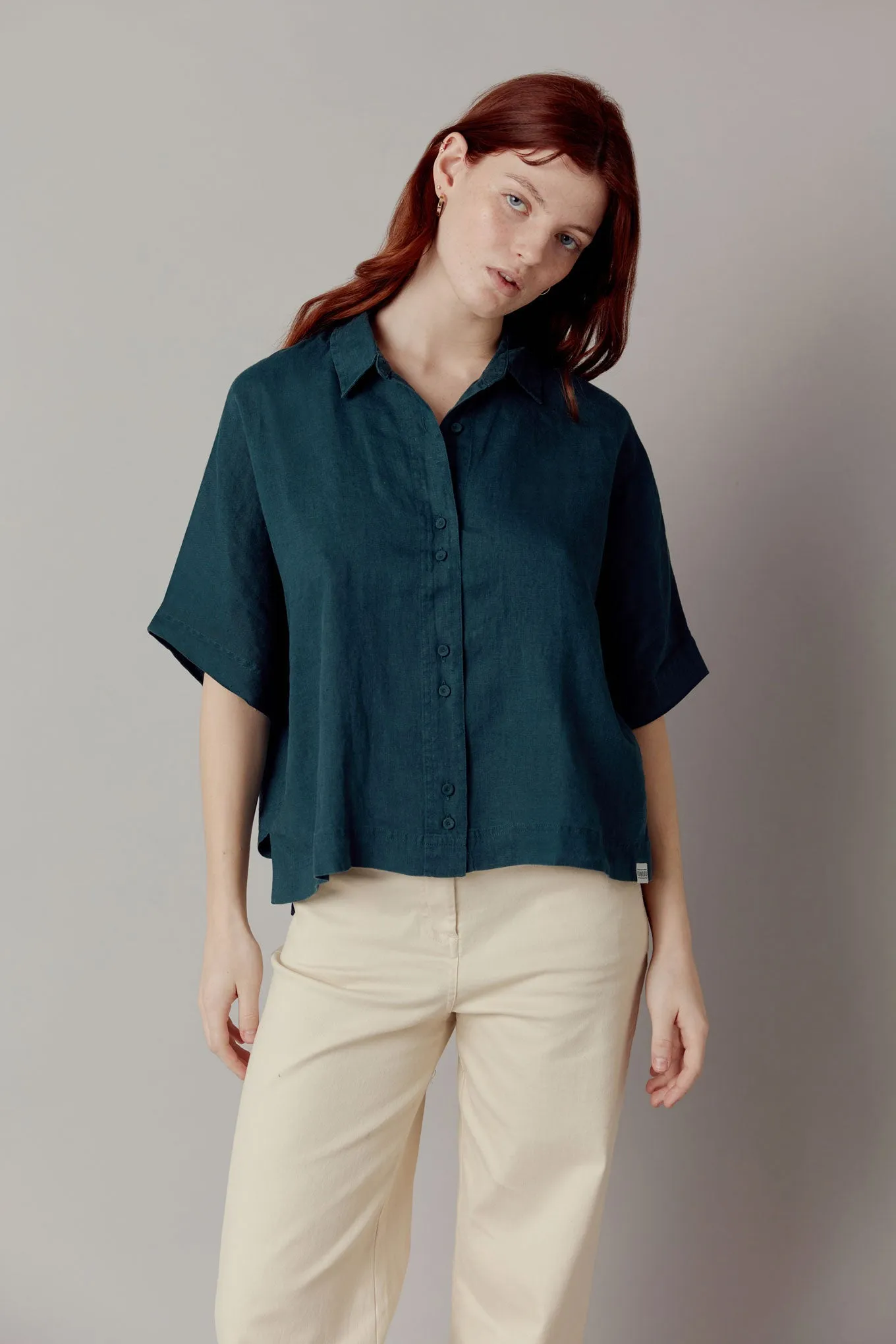 Kimono Organic Linen Shirt Teal Green