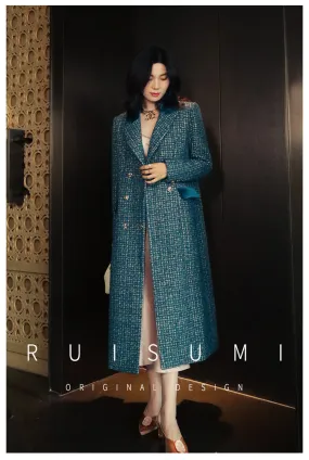 Lady's luxury high-end retro big peacock blue splicing bright silk design wool long coat- Jessy