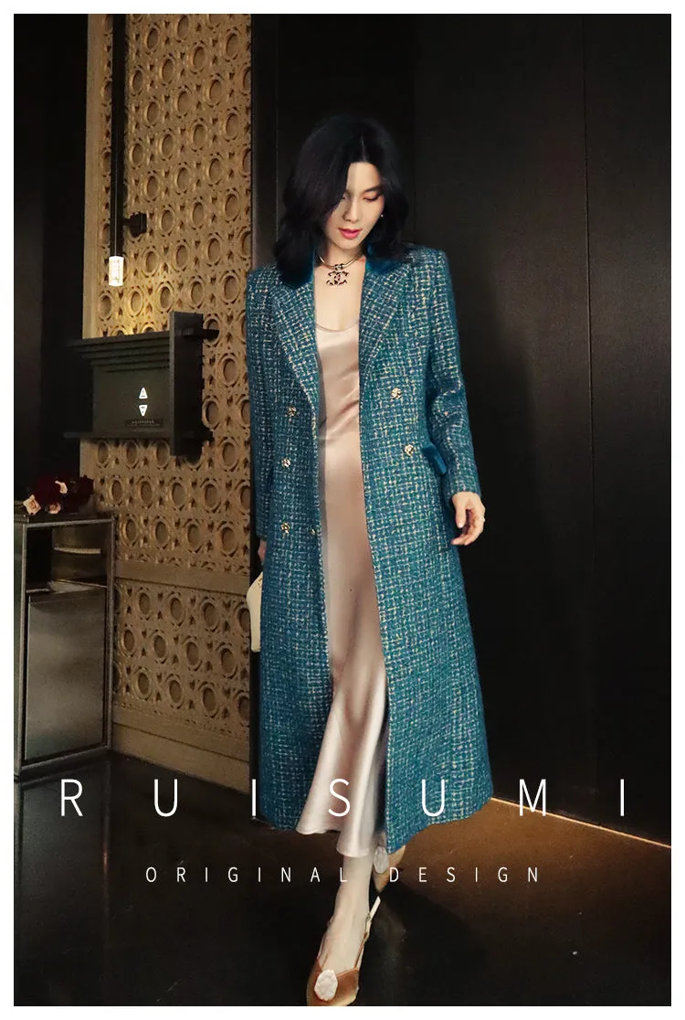 Lady's luxury high-end retro big peacock blue splicing bright silk design wool long coat- Jessy