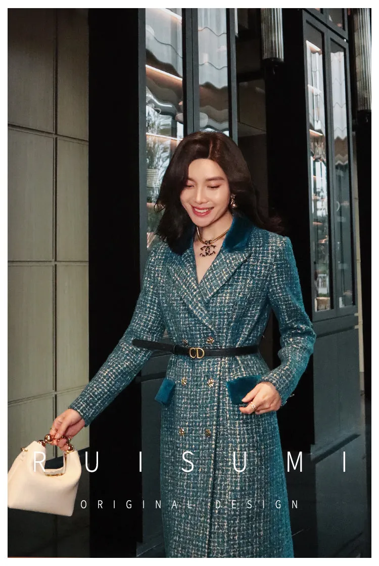 Lady's luxury high-end retro big peacock blue splicing bright silk design wool long coat- Jessy