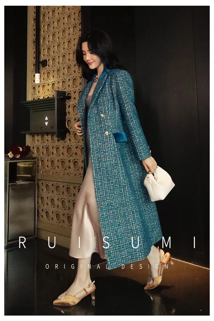 Lady's luxury high-end retro big peacock blue splicing bright silk design wool long coat- Jessy