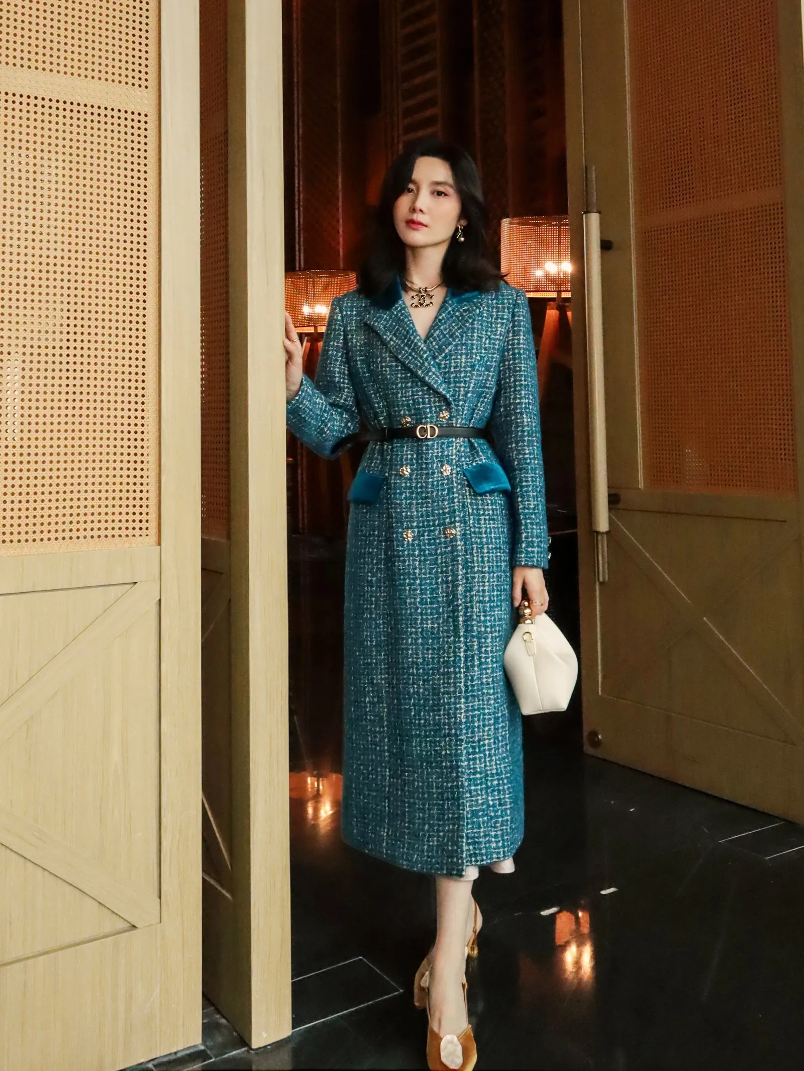 Lady's luxury high-end retro big peacock blue splicing bright silk design wool long coat- Jessy