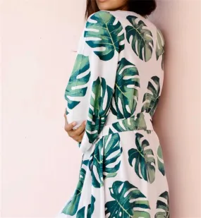 Leaf Print Half-Sleeve Maxi Cover-Up