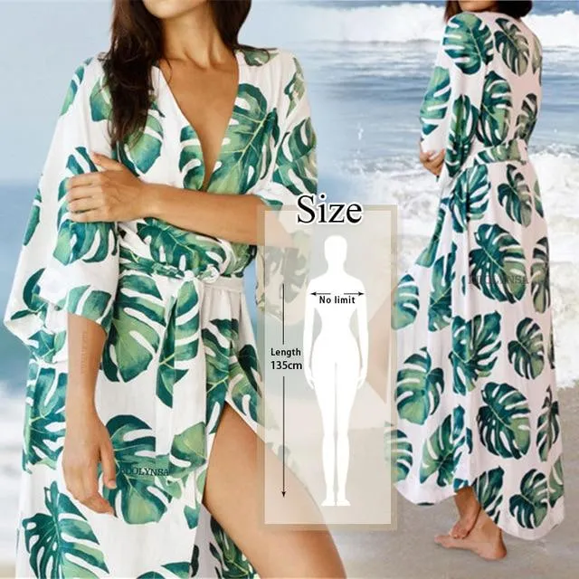 Leaf Print Half-Sleeve Maxi Cover-Up