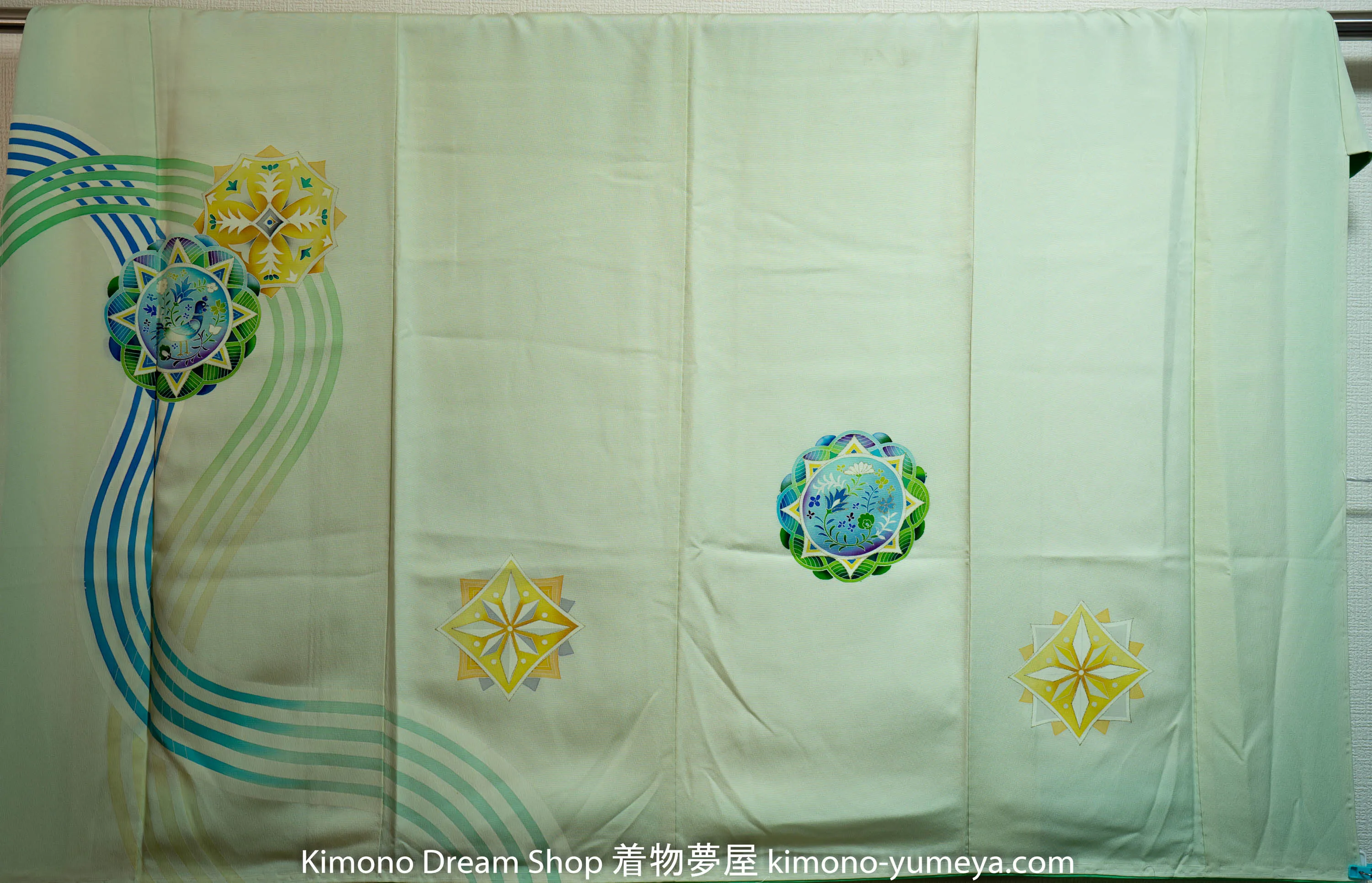 Light Green Geometric Homongi - Floral Silk Houmongi - Hand Painted Fading Gold Modern Art Unused