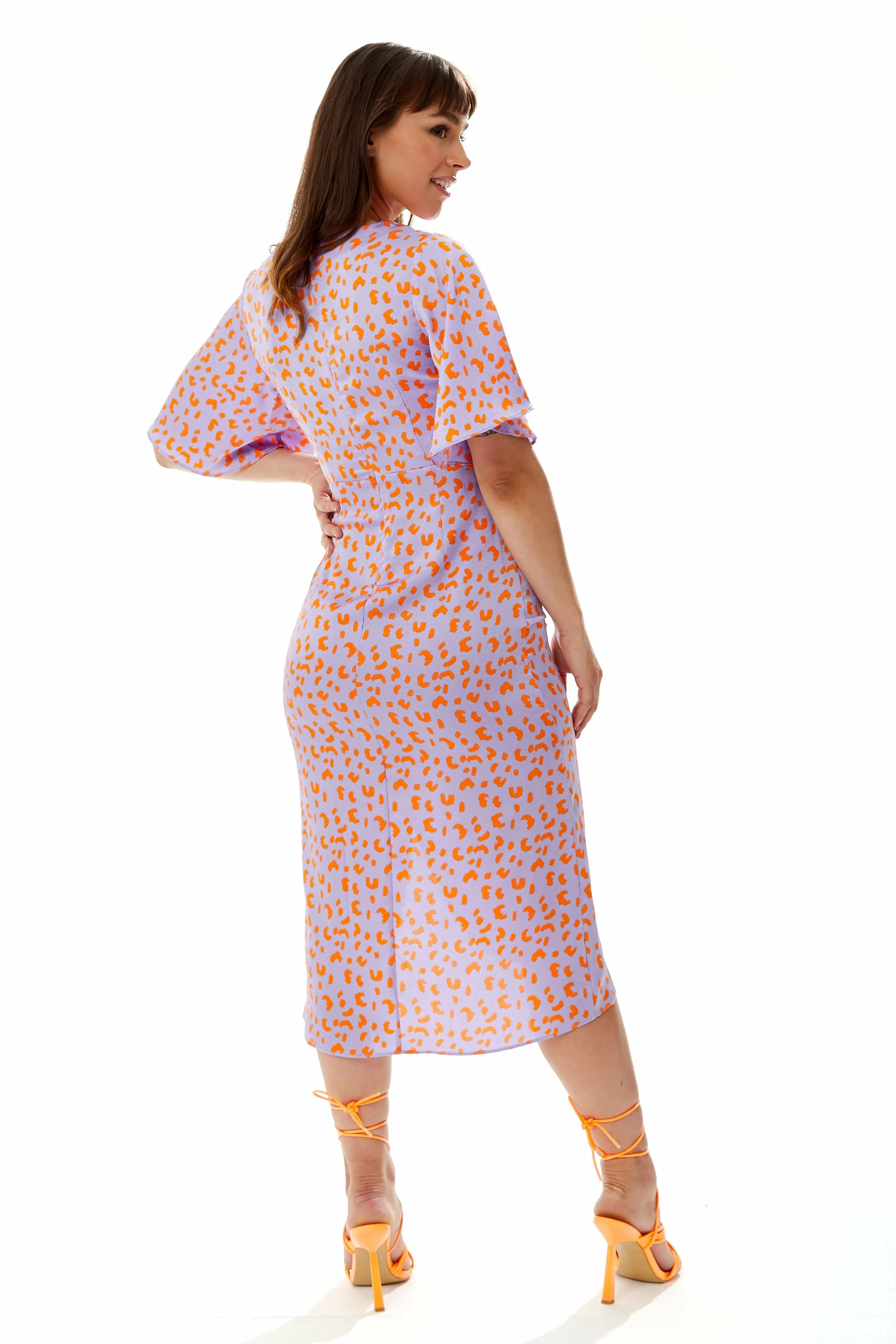 Liquorish Midi Wrap Dress With Cheetah Print Lilac Orange