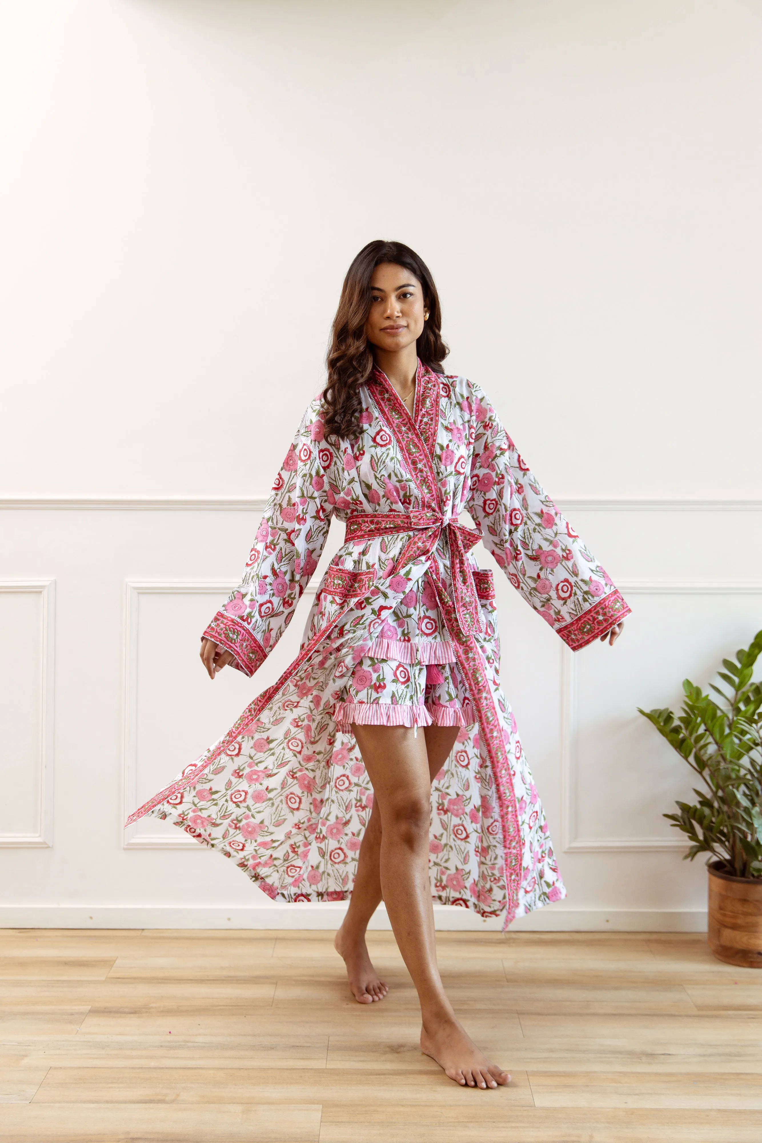 Long Cotton Robe - Cerise Floral Print