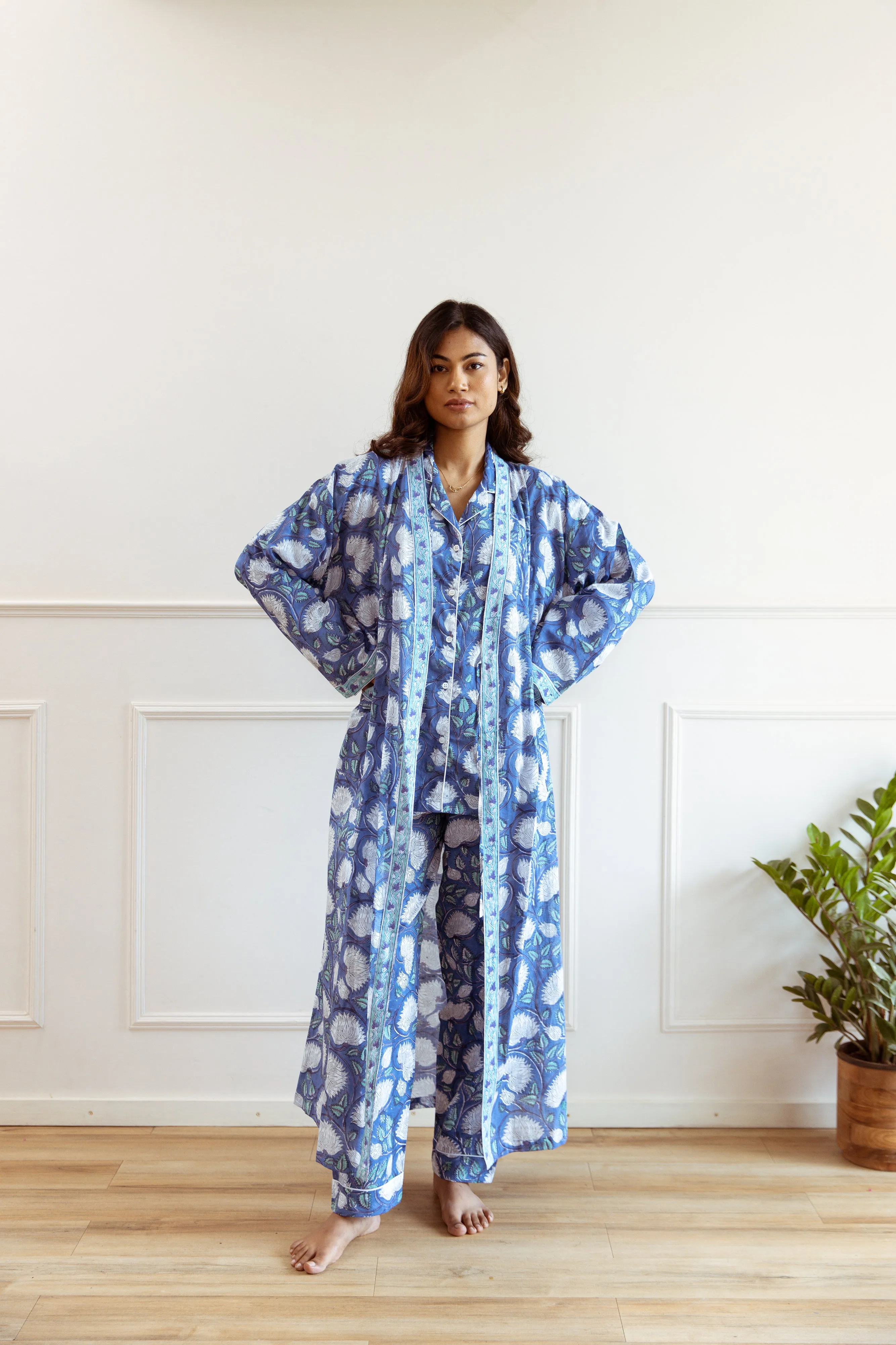 Long Cotton Robe - Cobalt Blue Floral Print