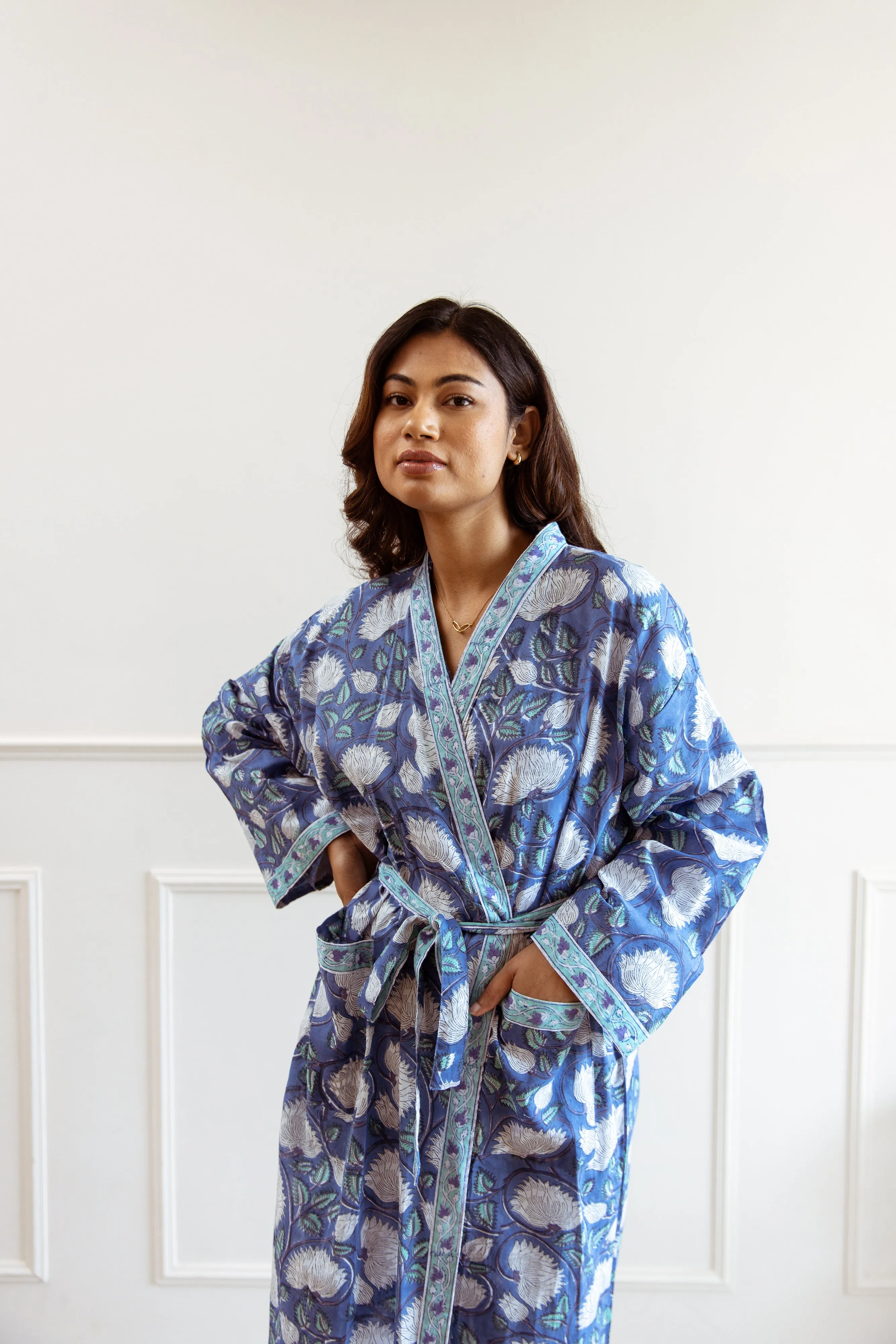 Long Cotton Robe - Cobalt Blue Floral Print